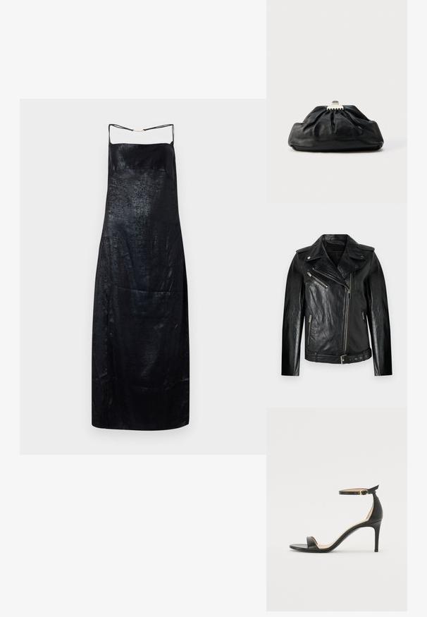 Schwarze Leder-Motorradjacke mit taillierter Passform, diagonaler Reißverschlussfront und silbernen Hardware-Akzenten. Verfügt über eine taillierbare Taille und eine strukturierte Oberfläche.; Schwarzes Slipkleid aus satin mit glatter Textur, ausgestattet mit dünnen Trägern und einem dezenten Glanz. Schlichte, gerade Silhouette mit minimalen Details.; Schwarze Leder-high-heeled Sandale mit Knöchelriemen. Verfügt über eine glatte Textur, offene Zehen und einen dünnen Absatz. Goldfarbener Schnallenakzent.; Schwarze Leder-Clutch mit geraffter Textur, Metallverschluss und dezentem, auf der Vorderseite geprägtem Logo. Abgerundete Form.
