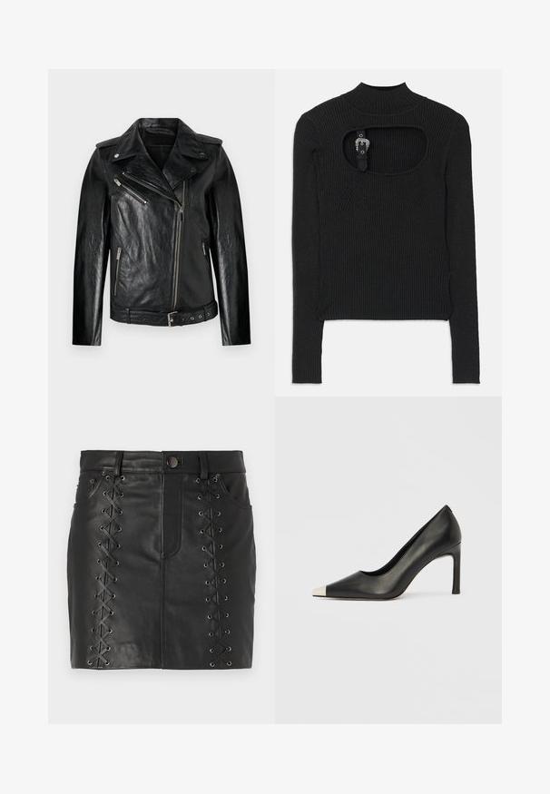 Schwarze Leder-Motorradjacke mit taillierter Passform, diagonaler Reißverschlussfront und silbernen Hardware-Akzenten. Verfügt über eine taillierbare Taille und eine strukturierte Oberfläche.; Schwarzes, geripptes Crop-Top mit langen Ärmeln, hohem Kragen und Ausschnitt-Detail unter dem Kragen. Mit einem Riemen und akzentuiertem Hardware-Verschluss.; Schwarzer Leder-Minirock mit Schnürungs-Details an den Seiten und Metallösen, Five-Pocket-Design und einer figurschmeichelnden Silhouette.; Schwarzer Lederschuh mit hohem Absatz, spitz zulaufender Zehenpartie und metallischer silberner Spitze. Verfügt über eine glatte Oberfläche und einen schlanken 10 cm hohen Absatz.