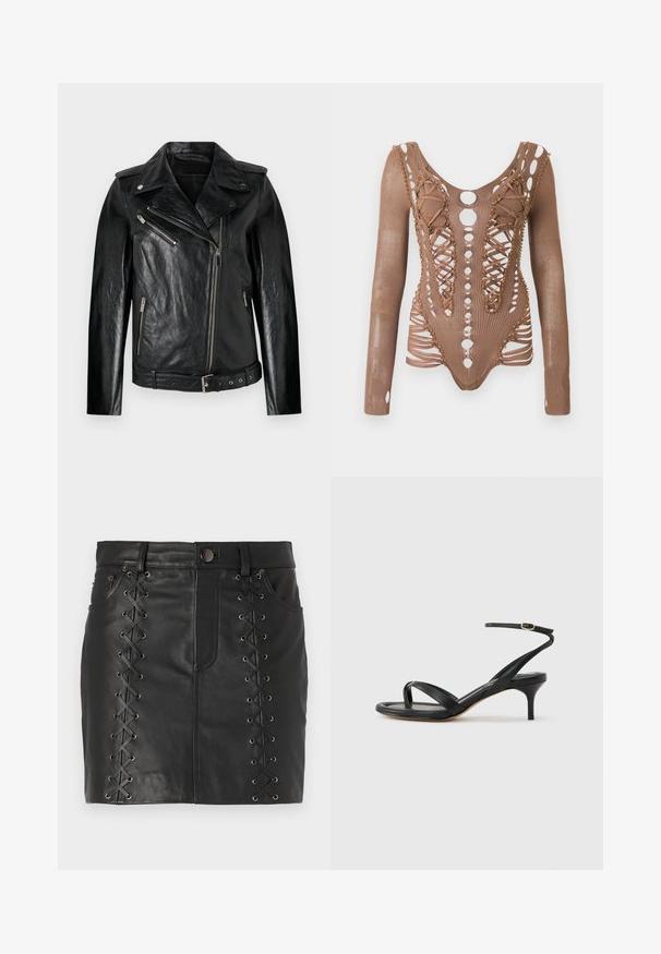 Veste de moto en cuir noir avec une coupe ajustée, fermeture éclair diagonale et accents en métal argenté. Dotée d'une taille ceinturée et d'une finition texturée.; Bodysuit en maille marron à manches longues avec des découpes complexes, un devant lacé et des perles décoratives le long des bords sur un fond blanc.; Mini-jupe en cuir noir avec un laçage sur les côtés agrémenté d'œillets en métal, design à cinq poches et silhouette ajustée.; Sandale pour femme en cuir noir avec fines lanières, une boucle d'orteil, une boucle à la cheville et un talon aiguille de hauteur moyenne sur un fond neutre.