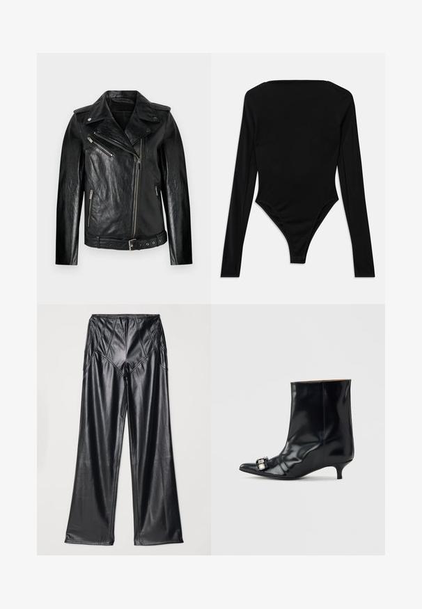 Veste de moto en cuir noir avec une coupe ajustée, fermeture éclair diagonale et accents en métal argenté. Dotée d'une taille ceinturée et d'une finition texturée.; Bodysuit noir à manches longues en tissu extensible, avec un décolleté carré et une finition de jambe haute sans quincaillerie visible ni motifs.; Pantalons en simili cuir noir avec une texture lisse, des jambes larges et des coutures le long de la taille et des côtés. Présentation à plat.; Bottine en cuir noir avec bout pointu, petit talon kitten bas et boucle décorative en argent sur le côté près de l'orteil.