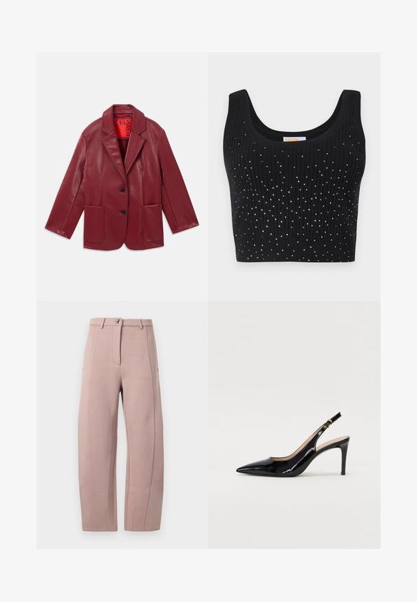 Rød faux læder blazer med notch krave, to forlommer og to sorte knapper. Foret med en kontrasterende rød inderside.; Sort ribbet crop top med scoop halsudskæring og sølvfarvede pailletdekorationer spredt over forsiden.; Bukser i blød, lys rosa stof med lige snit, der har en frontlynlås, knaplukning og sidelommer. Glat tekstur med sømdetaljer.; Sort patenteret læder slingback stiletto med spids tå, slank hæl og et subtilt udskæringsdesign. Har en gylden spænde på remmen.