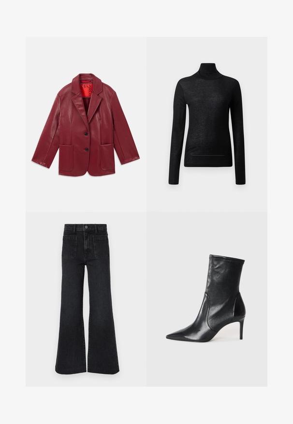 Blazer de imitación cuero rojo con solapas, dos bolsillos frontales y dos botones negros. Forrado con un interior rojo en contraste.; Top negro de manga larga y cuello alto, fabricado en tejido ligero, con un diseño ajustado y detalles de costura mínimos, ideal para superponer.; Jeans negros de cintura alta y pernera acampanada con trabillas para cinturón, botón delantero, cremallera y dos grandes bolsillos parche delanteros sobre fondo blanco.; Botas negras hasta el tobillo hechas de cuero suave, con punta afilada, caña ajustada y tacón alto delgado. Diseño minimalista sin herrajes visibles.