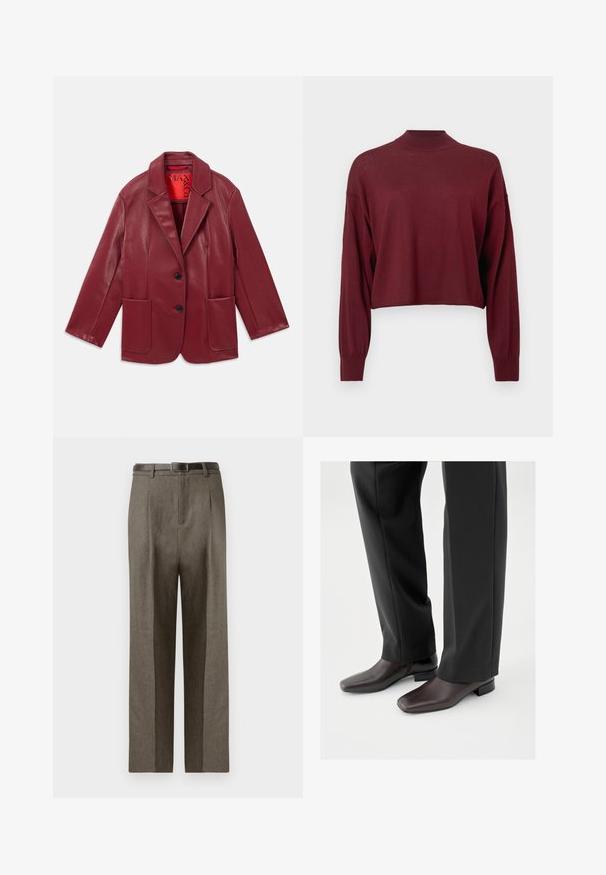 Rød faux læder blazer med notch krave, to forlommer og to sorte knapper. Foret med en kontrasterende rød inderside.; Bourgognefarvet cropped pullover med lange ærmer, høj hals og blød tekstur. Simpelt design uden synlige logoer eller mønstre.; Brune skræddersyede bukser med lige snit, der har en glat tekstur, bæltestropper og en flad frontdesign.; Mørkebrune lædersko med firkantet tå og kort blokhæl, båret med sorte skræddersyede bukser, der viser et slankt og poleret udseende.