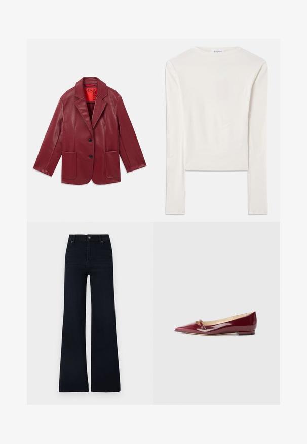 Rød faux læder blazer med notch krave, to forlommer og to sorte knapper. Foret med en kontrasterende rød inderside.; Hvid langærmet top lavet af bomuld, med en simpel rund hals og en slim fit. Stof er glat med en let stræk.; Mørkeblå, udvidede jeans lavet af denim. Har lynlåslukning med knap, fem lommer og et rent design med minimale teksturvariationer.; Bordeaux patenteret læderballerinaer med spids tå, der har en lille udskæring og en lav hæl. Glat tekstur og elegant design.