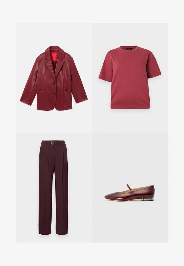 Rød faux læder blazer med notch krave, to forlommer og to sorte knapper. Foret med en kontrasterende rød inderside.; Kortærmet T-shirt med rund hals i støvet rosa med en afslappet pasform, vist på en ensfarvet hvid baggrund.; Højtaljede mørk bordeauxbukser med to gyldne spænder øverst og et lige ben fit.; Bordeaux patentlæder flad sko med en afrundet tå, en rem over vampsen og en lav hæl med metalaccenter. Glat tekstur.