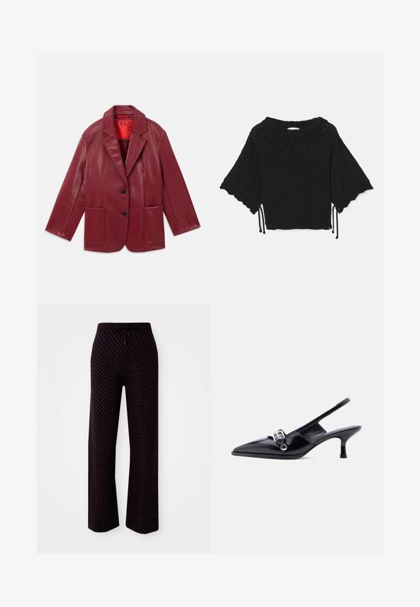 Blazer de imitación cuero rojo con solapas, dos bolsillos frontales y dos botones negros. Forrado con un interior rojo en contraste.; Top de punto negro de manga corta que presenta un patrón texturizado, mangas con forma de concha y detalles de cordón en el dobladillo.; Pantalones de lounge morados oscuros con cintura ajustable, que presentan un patrón de lunares de pequeños puntos blancos, corte de pierna ancha y una textura de tela suave.; Zapato de charol negro con talón bajo tipo slingback, punta puntiaguda y detalle de hebilla plateada sobre fondo blanco liso.