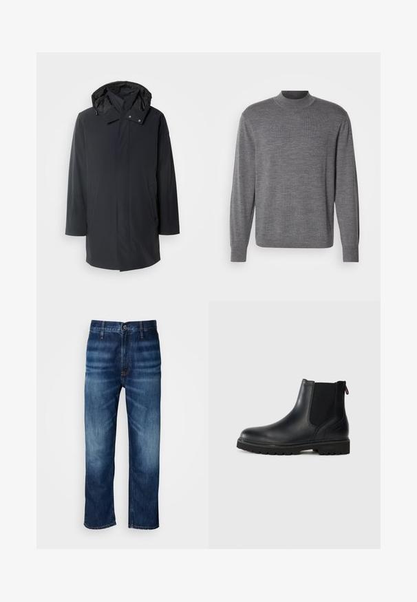 Sort vandafvisende parka-jakke med aftagelig hætte, lynlås- og trykknapslukninger, sidelommer og et glat tekstureret stof.; Grå langærmet sweater lavet af strikket materiale, med en høj hals og et subtilt logo på brystet. Glat tekstur og tætsiddende design.; Mørkeblå lige ben denim jeans med diskret falmning på lårene og en knaplukning ved taljen, præsenteret på en hvid baggrund.; Sorte læder ankelstøvler med elastiske sidepaneler, rund tå og en robust gummisål med dybe riller for bedre greb.