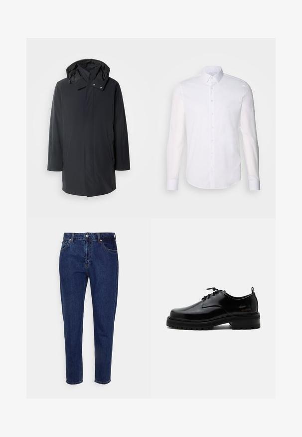 Sort vandafvisende parka-jakke med aftagelig hætte, lynlås- og trykknapslukninger, sidelommer og et glat tekstureret stof.; Hvid langærmet button-up skjorte lavet af bomuld, med en klassisk krave, frontknapper og minimal syning detalje.; Mørkeblå straight-leg cowboybukser med forreste knap- og lynlås-lukning, bæltestropper samt for- og baglommer.; Sort poleret læder snørestøvle med tyk gummisål og lav hæl, sideskilt med mærketekst "SAMSOE" og bageste træksnor.