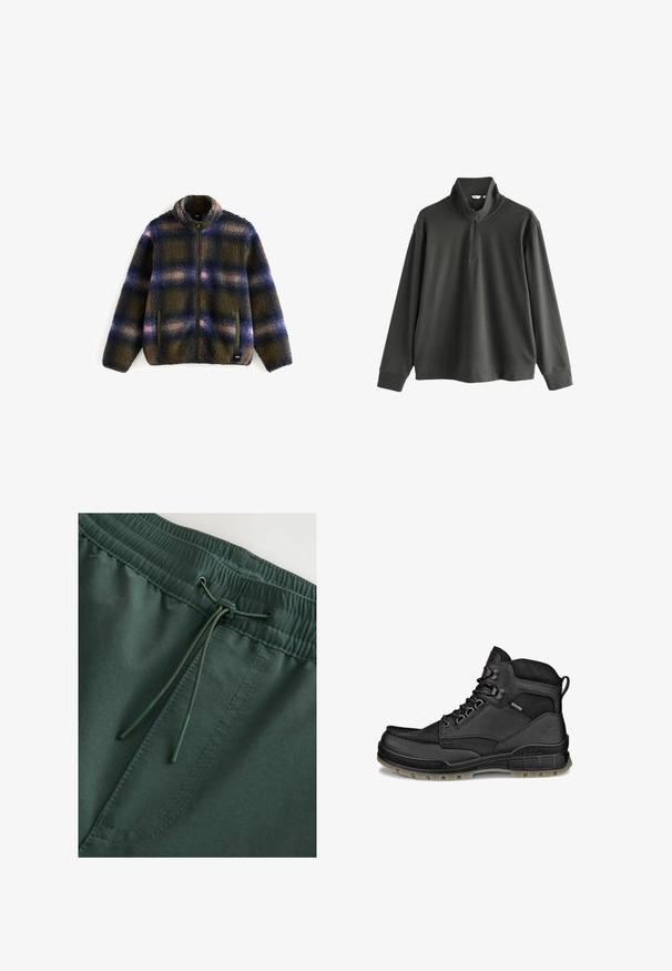 Fleecejakke i marineblå, olivengrøn og beige ternet mønster; har en høj krave, lynlås lukning og to sidelommer. Blødt, struktureret stof.; Mørkegrøn pullover sweatshirt, lavet af blødt stof, har en halvlange lynlås krave, lange ærmer og en afslappet pasform med ribstrikkede manchetter og kant.; Mørkegrønne sweat shorts med elastisk talje og snørelukning, glat tekstur og synlige stingdetaljer. Enkel, funktionel design.; Sort højtop vandrestøvle i læder med tekstureret sål, metaløjer og polstret ankelstøtte, vist i profil på hvid baggrund.