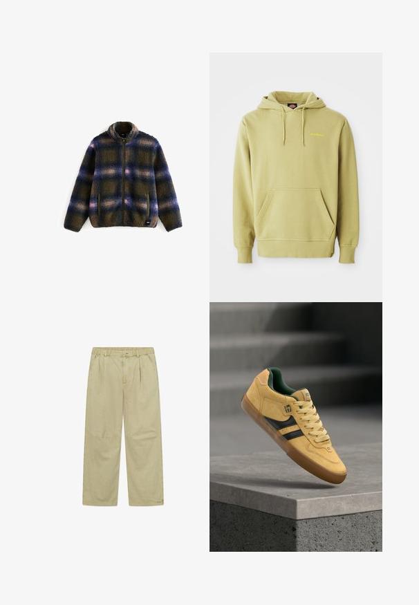 Veste en polaire à motifs plaid bleu marine, olive et beige ; avec un col haut, une fermeture éclair et deux poches latérales. Tissu doux et texturé.; Sweat à capuche vert clair avec poche kangourou, cordons de serrage, poignets côtelés et petit logo "Dickies" jaune sur la poitrine.; Pantalon décontracté beige clair avec fermeture à bouton, plis devant, poches latérales, passants pour ceinture et jambes larges et droites.; Baskets en daim jaune avec des rayures noires et une semelle gomme, flottant au-dessus d'un rebord en béton avec des marches floues en arrière-plan.