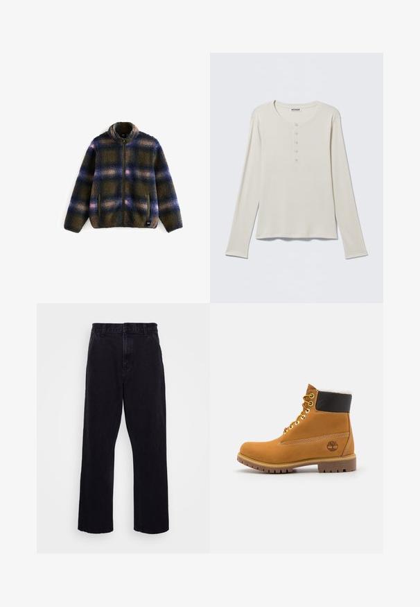 Veste en polaire à motifs plaid bleu marine, olive et beige ; avec un col haut, une fermeture éclair et deux poches latérales. Tissu doux et texturé.; Chemise henley crème à manches longues avec col rond et patte à cinq boutons, étiquetée Weekday, posée à plat sur un fond neutre.; Pantalons en denim noir avec une coupe droite, dotés d'une fermeture à bouton et à zip, de passants de ceinture et de coutures minimales.; Bottine en cuir brun avec œillets en métal, doublure en fourrure blanche, col rembourré noir, semelle robuste et logo en relief sur le côté.