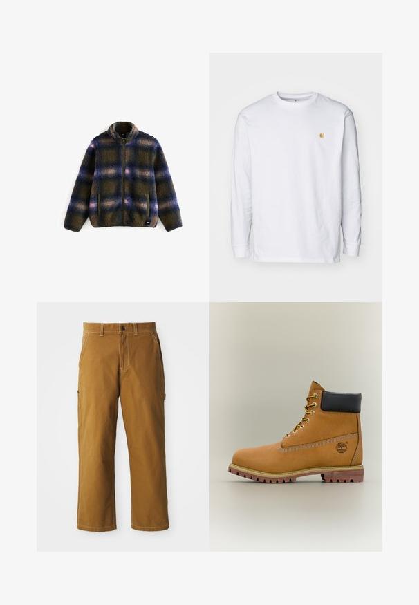 Veste en polaire à motifs plaid bleu marine, olive et beige ; avec un col haut, une fermeture éclair et deux poches latérales. Tissu doux et texturé.; T-shirt à manches longues blanc en coton. Présente un petit logo doré sur la poitrine et un col rond. Design simple et coupe standard.; Pantalon en coton marron à coupe droite, avec des coutures renforcées et des poches latérales. Il dispose d'une fermeture à bouton et de passants de ceinture à la taille.; Bottine en cuir marron avec col noir, lacets jaunes et semelle beige. Présente un logo et des détails de couture blanche. Semelle extérieure à traction robuste.