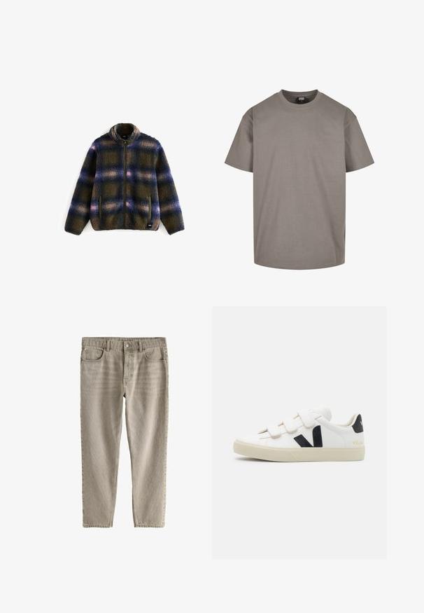 Fleecejakke i marineblå, olivengrøn og beige ternet mønster; har en høj krave, lynlås lukning og to sidelommer. Blødt, struktureret stof.; Grå bomuld t-shirt med rund hals, korte ærmer og en afslappet pasform. Glat tekstur uden synlige mønstre eller accenter.; Beige kordfløjlsbukser med lige ben, forsideknap, lynlås, bæltestropper og design med fem lommer, mærket som regular taper fit.; Hvide sneakers med sorte accenter og Velcro-stropper. Har en struktureret læderoverdel, en cremet gummisål og et logo på hælen.