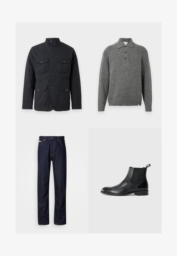 Barbour WINTER OGSTON WATERPROOF JACKET - Regenjacke / wasserabweisende Jacke - black; Grauer gestrickter Pullover mit Polokragen, Fünf-Knopf-Leiste, langen Ärmeln und gerippten Bündchen; zeichnet sich durch einen strukturierten Stoff mit dezenten Sprenkeln aus.; Dunkelblaue Denim-Jeans mit geradem Bein, ausgestattet mit einem Knopfverschluss, fünf Taschen und kontrastierenden Nähten.; Schwarze Leder-Stiefelette mit elastischen Seiteneinsätzen, abgerundeter Zehenpartie und einem Zugschlauf. Glatte Textur, flache Sohle, minimalistisches Design.