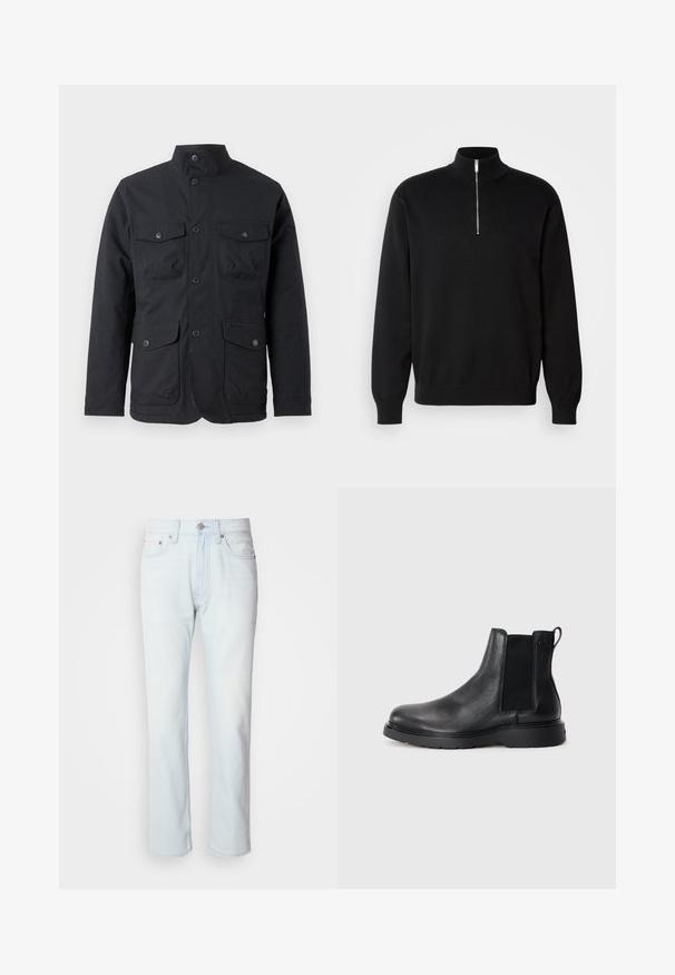 Barbour WINTER OGSTON WATERPROOF JACKET - Regenjacke / wasserabweisende Jacke - black; Schwarzer Zip-Kragen-Pullover aus glattem Stoff, mit hohem Kragen und langen Ärmeln, mit einem dezenten Logo auf der Brust.; Hellblaue Jeans mit geradem Bein. Verfügt über einen Knopfverschluss und Gürtelschlaufen, präsentiert eine ausgebleichte Textur und minimale Nähte.; Schwarze Leder-Chelsea-Boots mit strukturiertem Finish, elastischen seitlichen Einsätzen und einer robusten Gummisohle. Dezentes Branding an der Ferse.