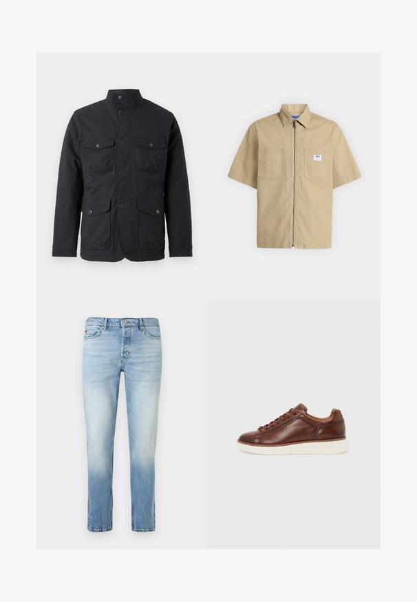 Barbour WINTER OGSTON WATERPROOF JACKET - Veekindel jope - black; Beežika värvi lühikeste varrukatega särk ees tõmblukuga, kahe rinnatasku ja väikese valge logoga paremal taskul.; Hele sinised kitsad teksad tuhmja pesuga, eesmine nööbi- ja lukustuslõhusega ning viie taskuga disain.; Pruun nahast paeltega tennisesaabas valge kummist tallaga, madala profiiliga ja küljele pressitud "BOSS" logoga.