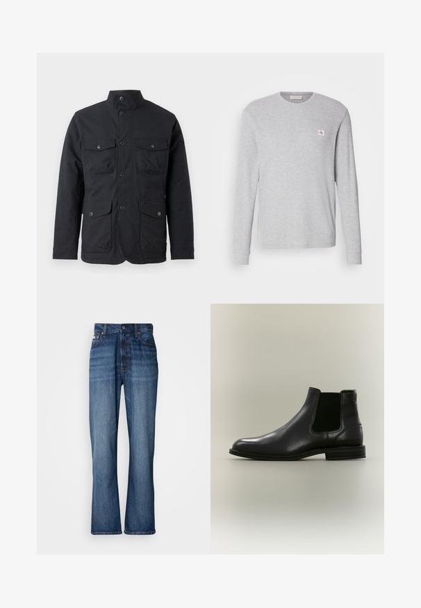 Barbour WINTER OGSTON WATERPROOF JACKET - Regenjas - black; Lichtgrijs lange mouw t-shirt van katoenmix, met een ronde halslijn en een klein logo op de linkerkant van de borst.; Blauwe denim jeans met een hoge taille, uitlopende pijpen, vijf-vaks ontwerp en tonale stiksels. Bevat een knopenfly en gestikte zakken.; Zwarte leren Chelsea-laars met elastisch zijpaneel en lage hak, getoond vanaf de buitenkant op een neutrale achtergrond.