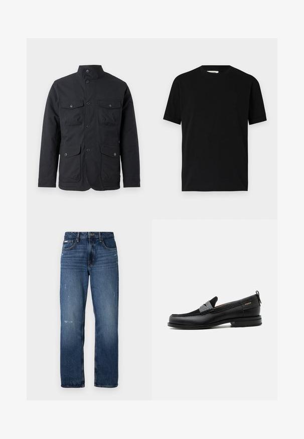 Barbour WINTER OGSTON WATERPROOF JACKET - Regenjacke / wasserabweisende Jacke - black; Schwarzes kurzärmliges T-Shirt aus Baumwolle mit Rundhalsausschnitt und lockerer Passform. Sanfte Textur, keine Muster oder sichtbaren Logos.; Blaue Denim-Jeans mit geradem Bein. Sie verfügen über ausgewaschene Bereiche und leichte Abnutzungsspuren auf der Vorderseite sowie einen klassischen Knopfverschluss.; Schwarzer Lederloafer mit grauem Riemendetail, niedrigem Absatz und strukturierter Sohle, seitlich mit „HUGO“ in Gold gebrandmarkt.