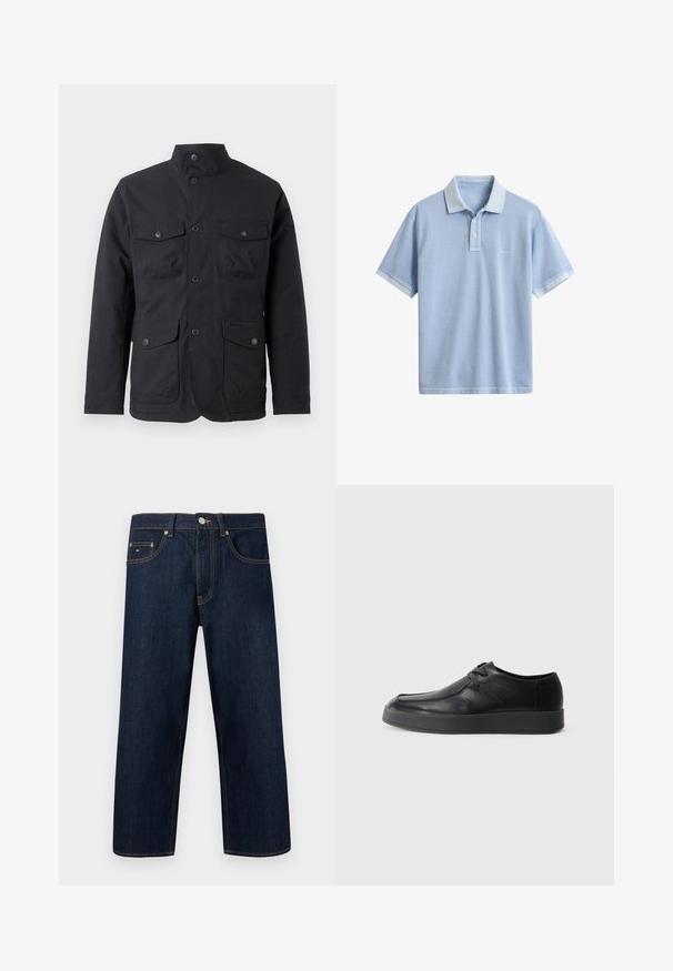 Barbour WINTER OGSTON WATERPROOF JACKET - Veste imperméable - black; Polo bleu clair à manches courtes avec col, patte à deux boutons et logo discret sur le côté gauche de la poitrine sur fond blanc uni.; Jean droit en denim bleu foncé avec cinq poches, coutures contrastantes orange, bouton argenté et petit logo sur la poche avant droite.; Calvin Klein HYBRID CUP WALLABEE - Derbies & Richelieus - triple black