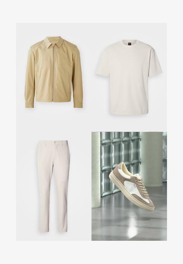 Chaqueta ligera beige con cuello tipo cazadora, cierre frontal de cremallera y dos bolsillos laterales. Textura suave y corte relajado.; Camiseta de manga corta y cuello redondo en algodón color blanco roto, con un corte recto y un logo minimalista en el cuello. Textura suave, sin patrones.; Pantalones beige de corte ajustado, con cierre de botón en la parte delantera, diseño de frente plano y corte recto, confeccionados en una suave mezcla de algodón.; Zapatilla de ante beige y blanca con cordones y el logo "BOSS", flotando sobre un suelo de hormigón pulido con paredes de bloques de vidrio al fondo.