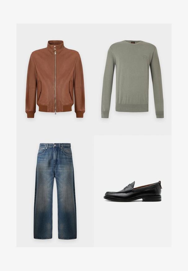 Chaqueta bomber de cuero marrón con cierre frontal de cremallera, cuello alzado con botón a presión, bolsillos laterales con solapa y puños y dobladillo acanalados.; Suéter de cuello redondo en verde oliva claro hecho de una tela suave y elástica. Cuenta con un parche de logo rectangular y puños y dobladillo acanalados.; Jeans de denim azul de pierna ancha con un acabado desgastado, que cuentan con cinco bolsillos, cierre de botón y detalles de costura visibles.; Mocasín de hombre de piel negra con costura moc toe, tira penny, cuello texturizado y tacón bajo apilado sobre fondo blanco.