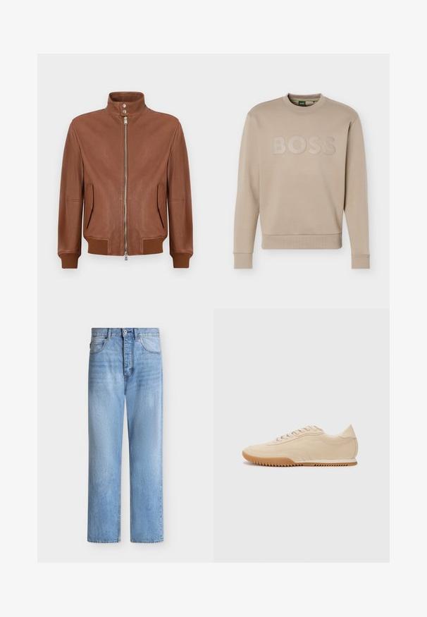 Braune Lederbomberjacke mit Frontreißverschluss, Stehkragen mit Druckknöpfen, seitlichen Klapptaschen sowie Rippbündchen und -saum.; Beige Sweatshirt mit Rundhalsausschnitt, langen Ärmeln sowie gerippten Bündchen an Ärmeln und Saum, geprägt mit "BOSS"-Logo über der Brust.; Hellblaue Jeans mit geradem Bein, Knopf- und Reißverschluss, vorne und hinten Taschen und Gürtelschlaufen am Bund.; Beige Wildledersneaker mit einem schlanken Design, einer strukturierten Oberseite, abgerundetem Fuß und einer Gummisohle mit Zickzackmuster.