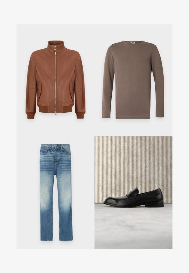Chaqueta bomber de cuero marrón con cierre frontal de cremallera, cuello alzado con botón a presión, bolsillos laterales con solapa y puños y dobladillo acanalados.; Camisa de manga larga marrón hecha de tela suave, con cuello redondo y textura acanalada. Diseño simple y clásico sin adornos.; Jeans de mezclilla azul claro con acabado desgastado, corte recto, diseño de cinco bolsillos y cierre de botón en la cintura.; Mocasín negro de cuero con detalle metálico, mostrado suspendido sobre una alfombra beige, con una mesa redonda de color ámbar en el fondo.