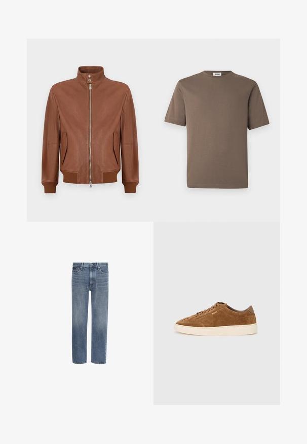 Chaqueta bomber de cuero marrón con cierre frontal de cremallera, cuello alzado con botón a presión, bolsillos laterales con solapa y puños y dobladillo acanalados.; Camiseta de algodón marrón con mangas cortas, cuello redondo y textura suave. Presenta un dobladillo recto y un diseño minimalista.; Vaqueros de denim azul con pierna recta, bolsillos delanteros, trabillas para cinturón y cierre de botón.; Zapatilla de ante marrón con punta redondeada, suela de goma crema y cordones tonales. Presenta un logo en relieve en el lateral y un panel trasero liso.