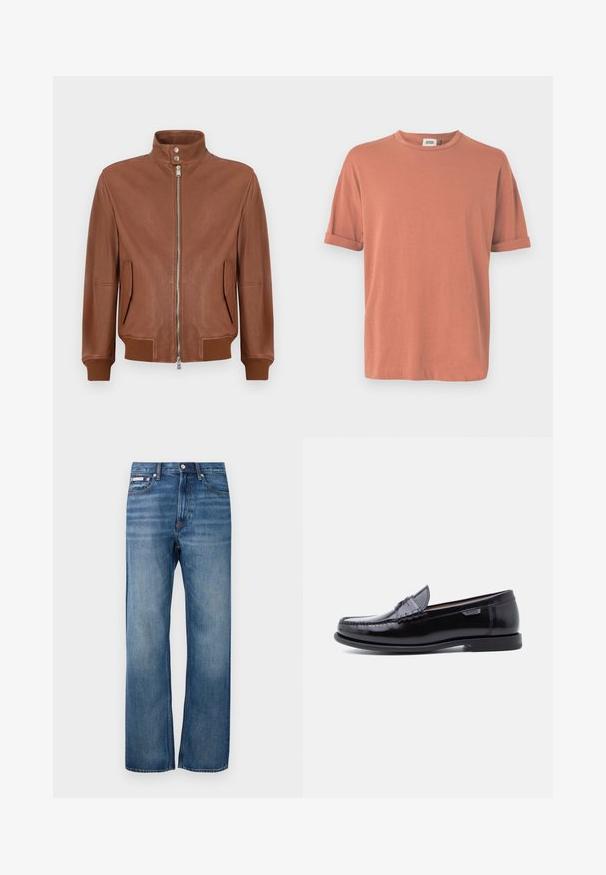 Chaqueta bomber de cuero marrón con cierre frontal de cremallera, cuello alzado con botón a presión, bolsillos laterales con solapa y puños y dobladillo acanalados.; Camiseta de manga corta en color rosa polvoriento, confeccionada en tela suave, con cuello redondo y mangas remangadas que ofrecen un ajuste relajado.; Jeans de denim azul de pierna recta con ligero desgaste, cierre frontal de botón y una pequeña etiqueta de logo en el bolsillo frontal derecho.; Mocasines de cuero negro con acabado brillante, que presentan un diseño cosido en la puntera y una suela baja de goma negra texturizada.