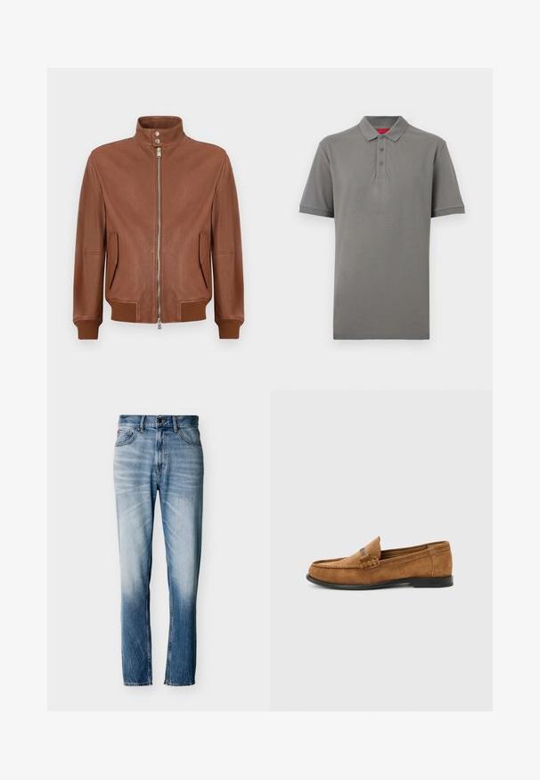 Chaqueta bomber de cuero marrón con cierre frontal de cremallera, cuello alzado con botón a presión, bolsillos laterales con solapa y puños y dobladillo acanalados.; Polo gris de manga corta con cuello y tres botones, con pequeño logo "HUGO" en el pecho izquierdo.; Vaqueros azules desgastados de pierna recta con cinco bolsillos, cierre de botón y trabillas para cinturón, mostrados extendidos sobre un fondo blanco.; Mocasín de ante marrón para hombre con detalle trenzado en el empeine y suela negra, visto de lado sobre un fondo liso gris claro.