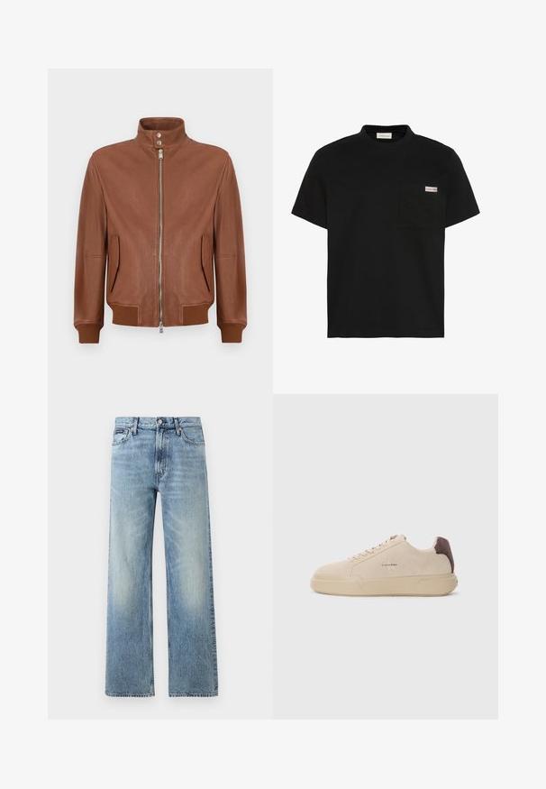 Brun læder bomberjakke med frontlynlås, trykknap-standkrave, sidelommer med klap samt ribbede manchetter og kant.; Sort t-shirt med korte ærmer og en brystlomme på venstre side med et lille Calvin Klein logo patch.; Lyseblå denim jeans med lige ben, højt talje, fem lommer, knaplukning og diskrete falmede områder på lår og knæ.; Beige ruskind sneakers med rund tå, snørret foran og en brun ruskindsdetalje på hælen. Har en tekstureret gummisål.