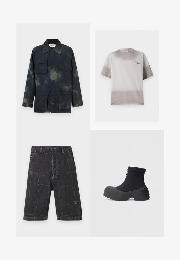 Veste sombre avec de grandes poches à rabat sur la poitrine et les hanches, motif subtil tie-dye, large col et une étiquette à l'intérieur du col.; T-shirt gris clair à manches courtes avec un dégradé gris plus foncé en haut et en bas, petit logo texte noir sur la poitrine gauche.; Short en jean noir avec motif à carreaux délavé, poches avant, fermeture par boutons et passants de ceinture.; Bottes basses imperméables noires avec tige lisse et extensible, semelle en caoutchouc moulée et fermeture éclair latérale ; design distinct avec embout large et arrondi.