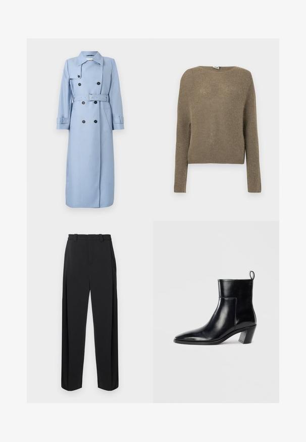 Lang, dobbeltbrystet lyseblå trench coat med sorte knapper, bælte ved taljen og krave, vist på en hvid baggrund.; Kortærmet, cropped sweater i en afdæmpet olivengrøn farve lavet af blødt strikstof. Har rund halsudskæring og afslappet pasform.; Sorte bukser med høj talje, plisseret forstykke og lige ben. Fremstillet af glat stof med bæltestropper og sidelommer.; Sort læder ankelstøvle med spids tå, geometrisk stablet hæl og en løftestrop bagpå. Glat tekstur og slankt design.