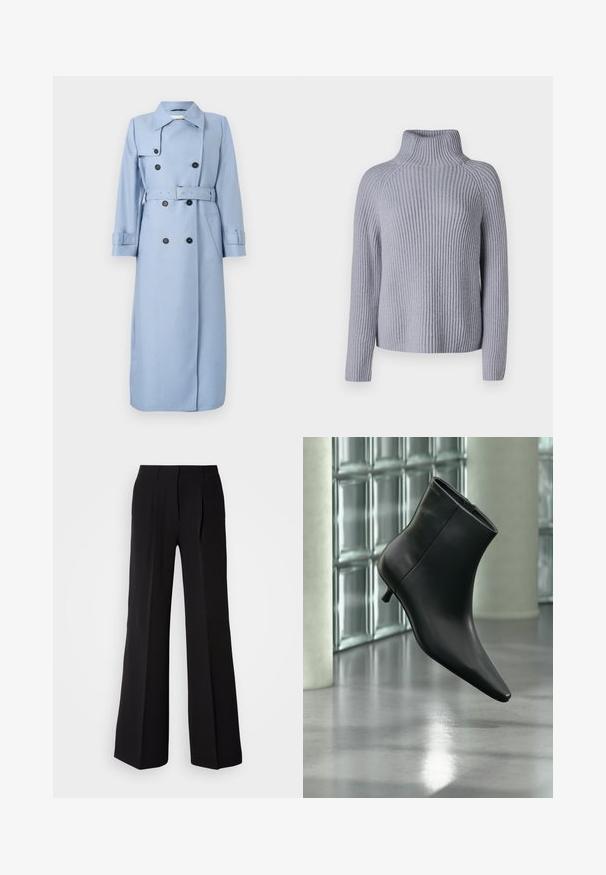 Lange lichtblauwe dubbelgeknoopte trenchcoat met zwarte knopen, riem op de taille en kraag, tentoongesteld op een witte achtergrond.; Lichtgrijze ribgebreide trui met een hoge kraag, lange mouwen en een ontspannen pasvorm, met een gestructureerd patroon en een rechte zoom.; Zwarte broeken van soepele stof, met een hoge taille, wijde pijpen en twee plooien aan de voorkant voor extra ontwerpelementen.; Zwarte leren enkellaars met spits toelopende neus en lage kittenhak, schuin weergegeven tegen een gepolijste vloer en een glazen blokken muur als achtergrond.