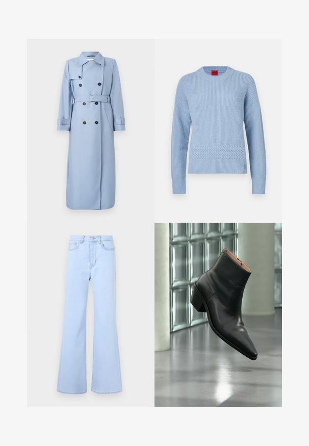 Trench coat largo de doble botonadura en color azul claro, con botones negros, cinturón en la cintura y cuello, exhibido sobre un fondo blanco.; Suéter de punto azul claro con textura acanalada, cuello redondo y detalle tejido en la cintura. Mangas largas con puños ajustados.; Vaqueros acampanados de color azul claro con cintura alta, que cuentan con cinco bolsillos, cierre de botón y una textura suave de mezclilla. El borde está limpiamente cosido.; Botín de piel negra con puntera puntiaguda y tacón cuadrado que levita sobre un suelo gris reflectante cerca de una pared de bloques de cristal.