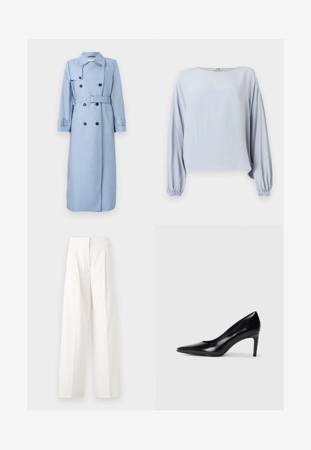 Trench coat largo de doble botonadura en color azul claro, con botones negros, cinturón en la cintura y cuello, exhibido sobre un fondo blanco.; Blusa azul claro de manga larga con puños anchos fruncidos y ajuste holgado, que presenta un escote redondo y un diseño sencillo.; Pantalones anchos de cintura alta en color blanco, con pliegues frontales y una textura suave, confeccionados en tejido ligero.; Zapato de tacón alto de cuero negro con punta afilada, textura suave y tacón en forma de cono. Diseño minimalista, sin adornos adicionales.