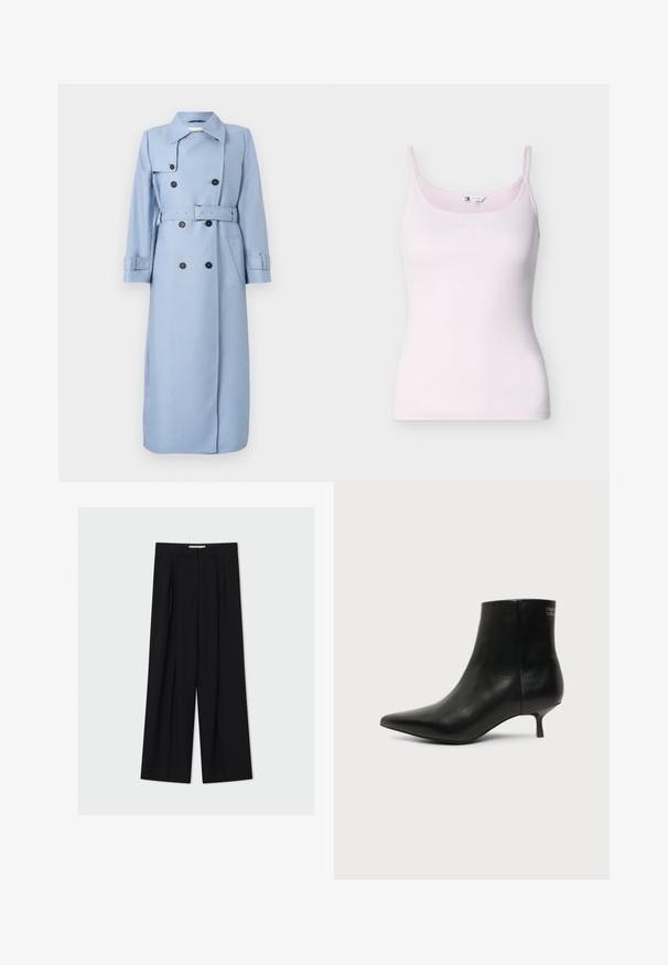 Langer, hellblauer, doppelt geknöpfter Trenchcoat mit schwarzen Knöpfen, Gürtel in der Taille und Kragen, auf einem weißen Hintergrund präsentiert.; Hellrosa geripptes Camisole mit dünnen Trägern und subtiler Tommy Jeans-Logo auf der Brust, vor weißem Hintergrund dargestellt.; Schwarze, weit geschnittene Hose mit hoher Taille, Gürtelschlaufen und vorderen Falten, vor hellem grauem Hintergrund präsentiert.; Schwarzer Leder-Knöchel-Stiefel mit spitzer Spitze und niedrigem Kittenabsatz vor hellem Hintergrund, seitliche Ansicht.