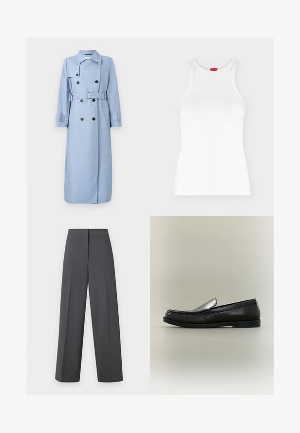 Langer, hellblauer, doppelt geknöpfter Trenchcoat mit schwarzen Knöpfen, Gürtel in der Taille und Kragen, auf einem weißen Hintergrund präsentiert.; Weißes ärmelloses, geripptes Tanktop mit hohem Rundhalsausschnitt und figurbetonter Form, abgebildet auf einfachem hellem Hintergrund.; Dunkelgraue, weit geschnittene Hose aus glattem Stoff, mit flachem Bund und dezenten Nahtdetails, in einem eleganten, maßgeschneiderten Design.; Schwarzer Lederloafer mit Mokassinnaht, kleinem Absatz und Schlupf-Design vor neutralem Hintergrund.