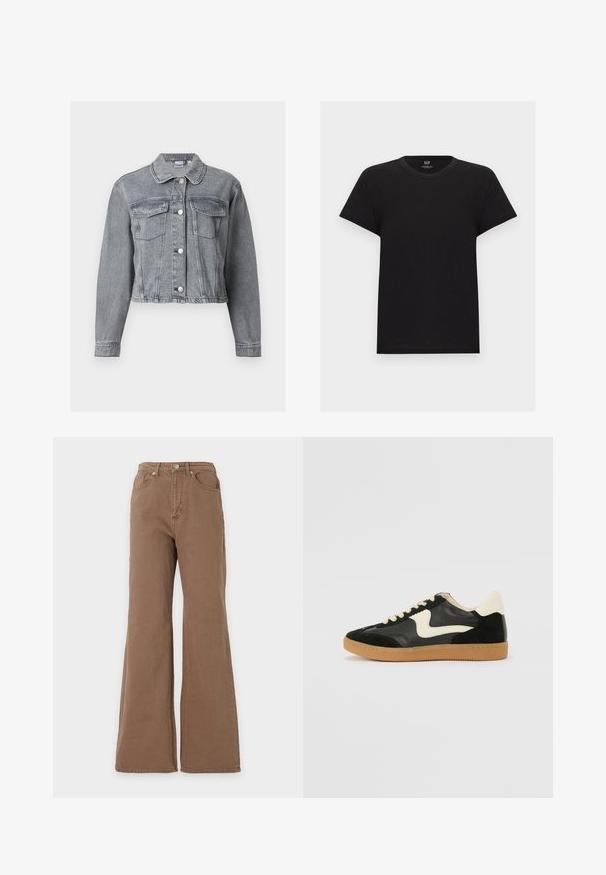Veste en denim grise courte avec manches longues, devant boutonné et deux poches à rabat sur la poitrine, sur fond blanc.; T-shirt noir en coton à manches courtes avec col rond, vue de face, design uni, étiquette de la marque GAP à l'intérieur du col.; Jean marron taille haute avec jambe évasée, fermeture par boutons sur le devant, poches avant et arrière, présenté sur un fond uni.; Baskets en daim et cuir noir avec un swoosh latéral crème et un talon crème clair. Dotées de lacets beige et d'une semelle en caoutchouc gomme.