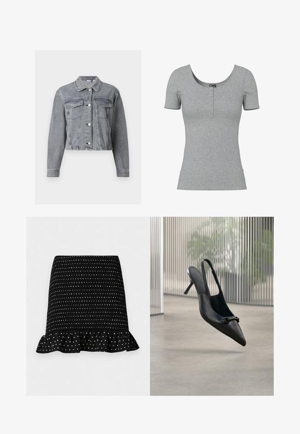 Veste en denim grise courte avec manches longues, devant boutonné et deux poches à rabat sur la poitrine, sur fond blanc.; Haut gris côtelé à manches courtes avec un col rond en U et quatre petits boutons en ligne au centre devant.; Mini-jupe noire à pois blancs, texture smockée et ourlet volanté sur un fond clair uni.; Chaussure à talon haut à bride arrière en cuir noir texturé avec un bout pointu et une petite boucle décorative, flottant au-dessus d'un sol lisse.