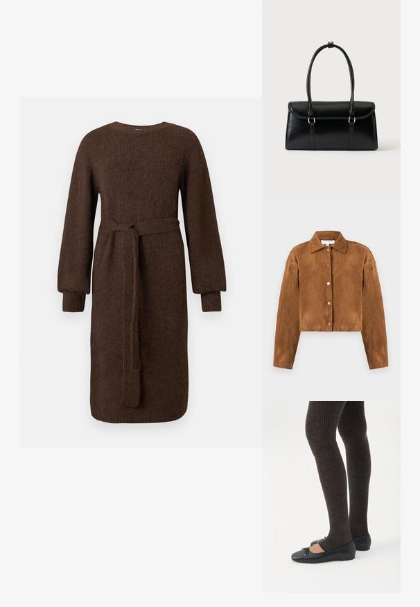Brun ruskinds cropped jakke med krave, lange ærmer og fem runde trykknapper foran. Glat tekstur, minimalistisk design.; Langærmet brun strikkjole med ribbede manchetter og aftageligt livbånd, knælang, enkel rund halsudskæring.; Ben iført mørke ribbede leggings kombineret med sorte balletsko med små sløjfedetaljer på hvid baggrund.; Sort rektangulær læderhåndtaske med klaplukning og to lange håndtag mod en ensfarvet hvid baggrund.