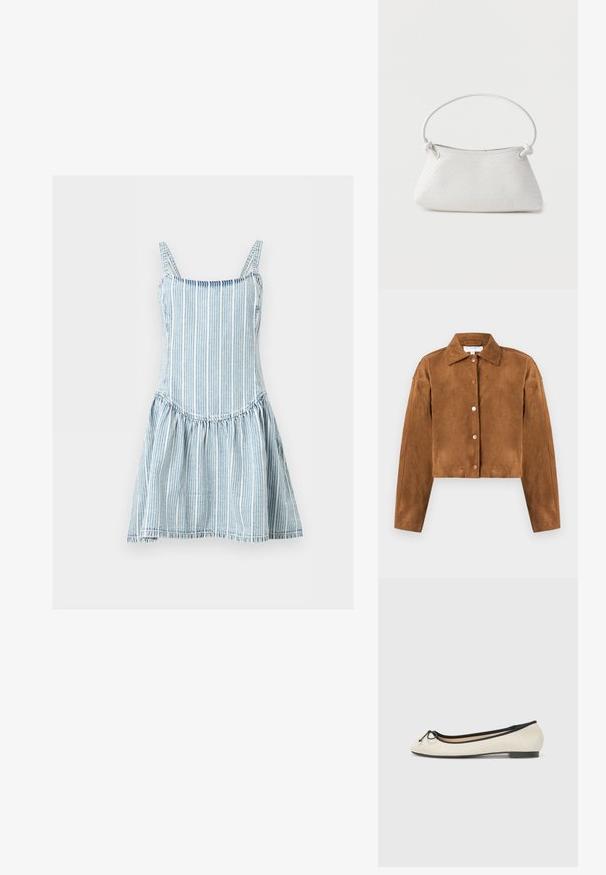 Brun ruskinds cropped jakke med krave, lange ærmer og fem runde trykknapper foran. Glat tekstur, minimalistisk design.; Lyseblå og hvide vertikalt stribede ærmeløse kjole med tynde stropper og en samlet nederdel.; Balletflade i en beige tekstil med sort kant. Har en rund tå og en lille sløjfeaccent foran. Lav profil sål.; Hvid fletlæderhåndtaske med afrundet håndtag og ender på remmen, der er knyttet, vist mod en ensfarvet baggrund.