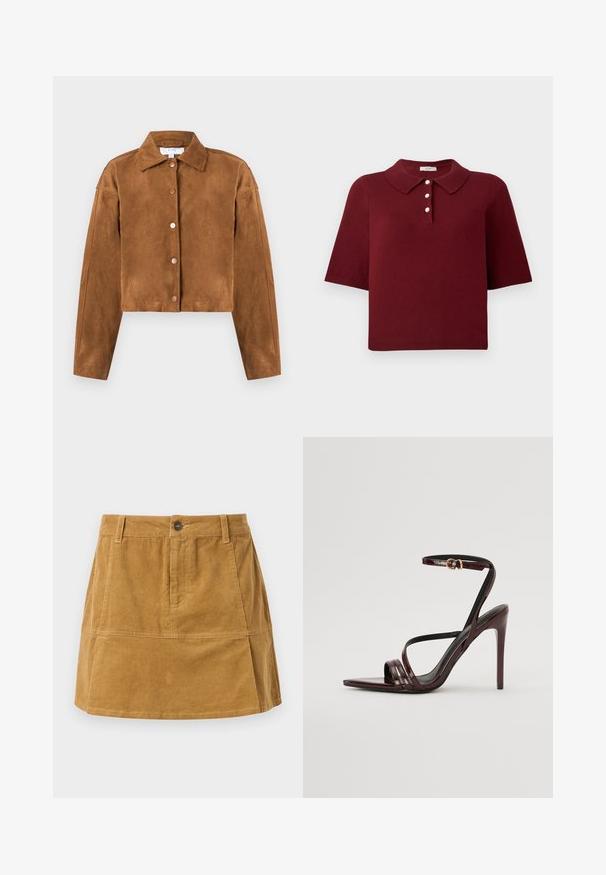 Brun ruskinds cropped jakke med krave, lange ærmer og fem runde trykknapper foran. Glat tekstur, minimalistisk design.; Burgunderrød strikket polo-shirt med korte ærmer, en klassisk krave og fire knaplukninger med runde hvide knapper.; Brun fløjlsnederdel med klassisk snit, knaplukning foran, to sidelommer og strukturerede lodrette ribber.; Bordeaux laker læder højhælede sandal med ankelrem, spids tå og tre vandrette remme over foden. Detalje med spænde i guldtonet.