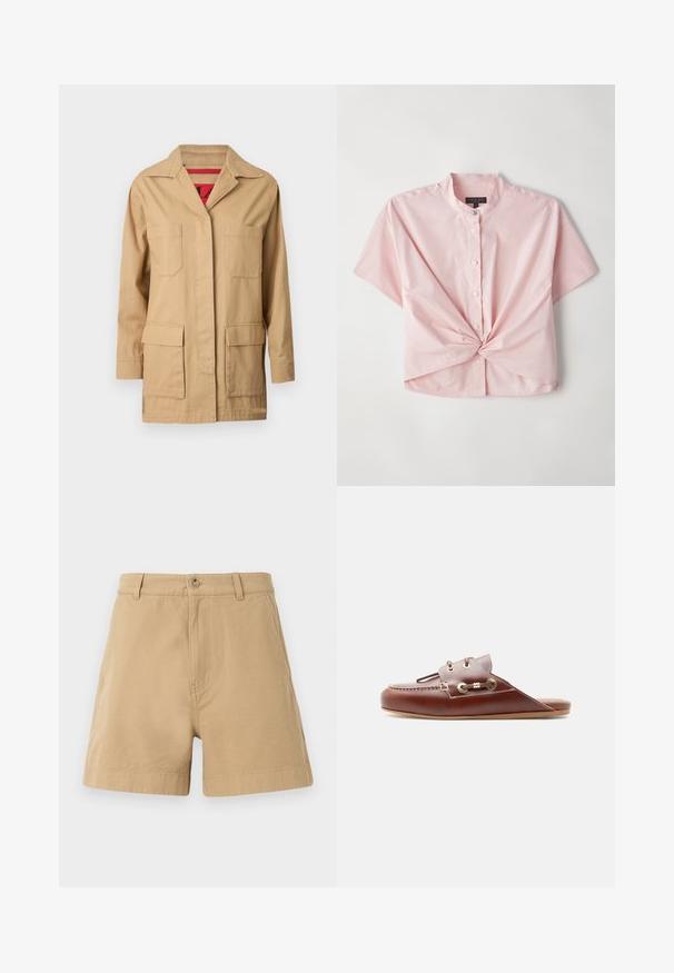 Veste en toile beige avec un col à revers, deux poches sur la poitrine et deux poches latérales inférieures. L'intérieur présente une doublure à motif rouge.; Chemise rose à manches courtes, présentant un col band collar et un détail de devant torsadé, fabriquée en un tissu doux en mélange de coton.; Shorts beige en coton, avec un design classique, fermeture à bouton à l'avant et passants de ceinture. Texture lisse avec poches latérales.; Mocassin à enfiler en cuir marron avec couture moc toe, œillets dorés et détail de lacet décoratif sur le côté, semelle plate, profil latéral.