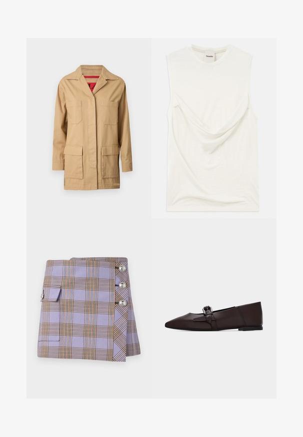 Veste en toile beige avec un col à revers, deux poches sur la poitrine et deux poches latérales inférieures. L'intérieur présente une doublure à motif rouge.; Haut sans manches blanc avec un détail drapé à l'avant, fabriqué en tissu doux et léger. Présente un col rond et une coupe décontractée.; Rabanne Minijupe - purple/orange/cream/blue; Chaussure plate marron foncé à bout pointu avec talon bas et bride décorative à la cheville ornée d'une boucle en argent sur fond uni.