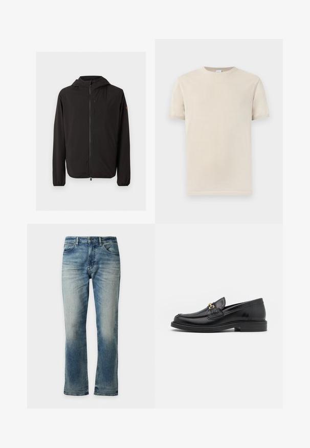 Veste noire légère à capuche avec fermeture éclair intégrale à l'avant, poche poitrine zippée, poignets élastiques et petit logo sur la manche gauche.; T-shirt beige à manches courtes avec col rond et poignets côtelés, présenté sur un fond clair uni.; Jean bleu délavé à coupe droite avec poches avant, passants de ceinture et fermeture par bouton à la taille, présenté sur fond blanc.; Mocassins en cuir noir avec un embout rond, présentant des accents en métal doré et des détails de couture, montés sur une semelle en caoutchouc texturé et basse.