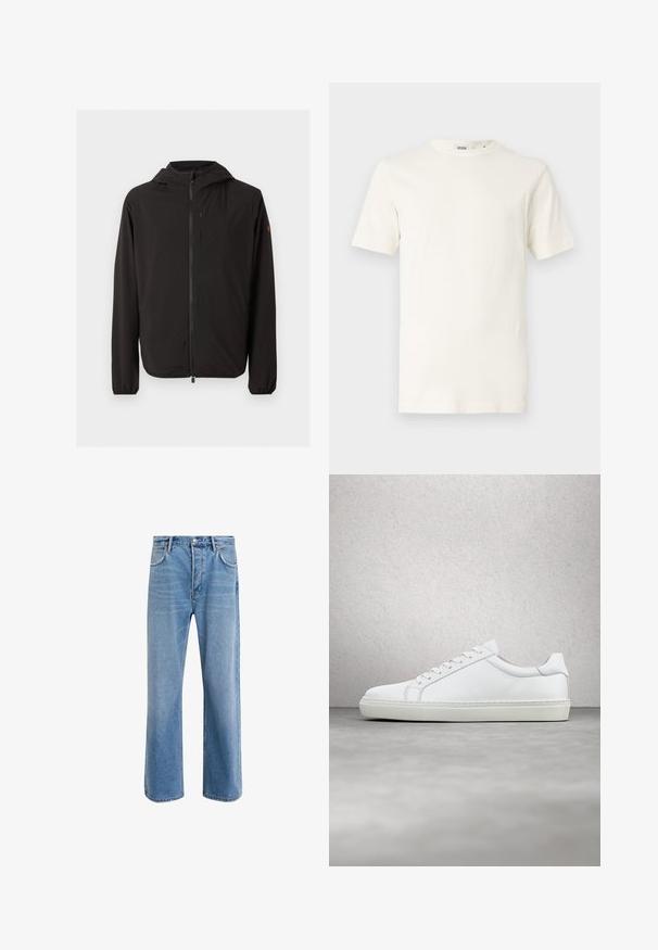 Veste noire légère à capuche avec fermeture éclair intégrale à l'avant, poche poitrine zippée, poignets élastiques et petit logo sur la manche gauche.; T-shirt en coton beige clair à manches courtes et col rond. Présente une texture lisse et un design simple sans motifs ni accents.; Jeans en denim bleu clair avec une coupe droite, cinq poches, fermeture à bouton, peu d'usure et des détails de couture contrastés.; Sneaker blanche avec une tige en cuir lisse et un profil bas. Présente un bout arrondi, six œillets et une semelle en caoutchouc texturé.