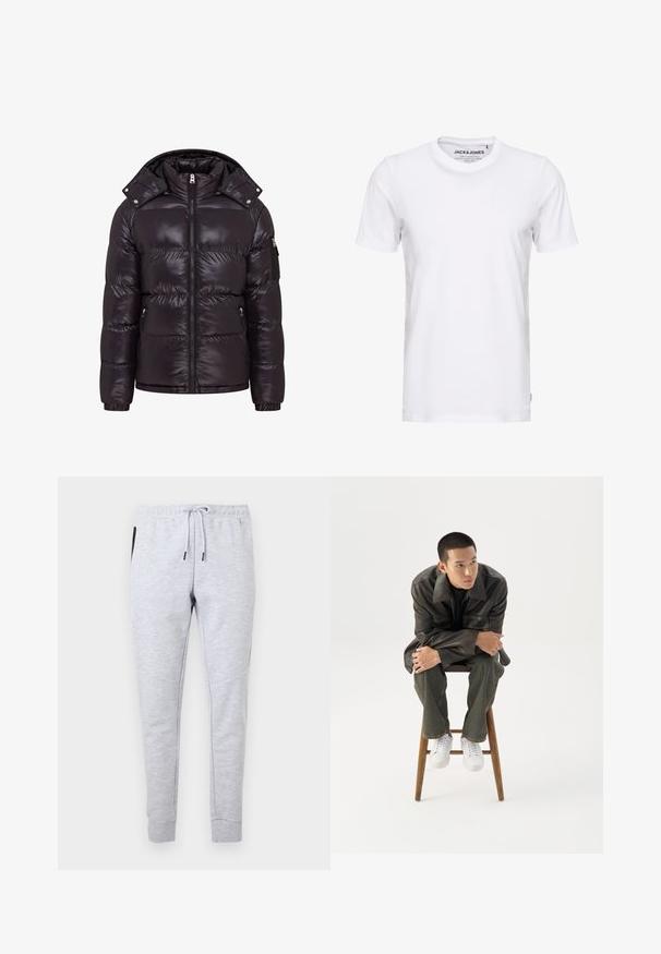 Doudoune noire avec une finition brillante, fermeture éclair à l'avant, col montant et poches latérales zippées. Dispose d'une capuche amovible et de poignets côtelés.; T-shirt blanc à manches courtes en coton, avec un col rond et un design simple. Étiquette de marque visible au niveau du cou. Aucun motif ni accent.; Pantalon de jogging slim gris clair avec taille élastique, cordon blanc, poches latérales et chevilles resserrées.; Jeune homme en veste en cuir foncée et jean, assis sur un tabouret en bois, penché en avant, les bras croisés, regardant sur le côté sur fond blanc.