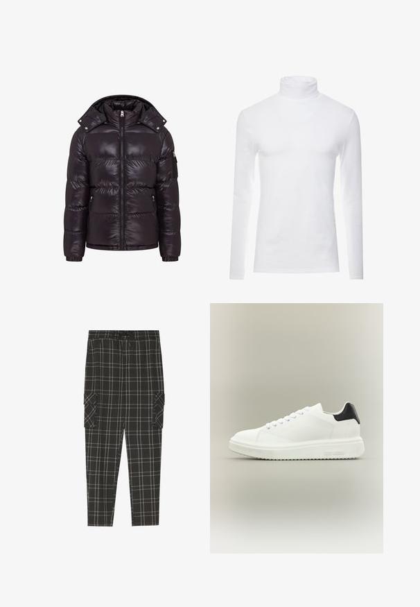 Sort pufferjakke med en glat finish, lynlås foran, høj krave og lynlåslommer på siden. Den har en aftagelig hætte og ribbede manchetter.; Hvid langærmet turtleneck skjorte lavet af blødt, strækbart materiale. Har en høj krave og et tætsiddende design, som giver en strømlinet silhuet.; Sorte og gråternede cargo-bukser med elastisk talje, sidelommer og en afslappet pasform. Fremstillet af blød, struktureret stof.; Hvid lav sneakers med tyk sål, snørelukning foran og sort hælstrop, mærket med "Steve Madden" på siden af sålen.