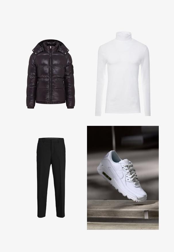 Zwarte pufferjack met een glanzende afwerking, ritssluiting aan de voorkant, hoge kraag en ritszakken aan de zijkanten. Heeft een afneembare capuchon en ribgebreide manchet.; Witte lange mouw turtleneck-shirt gemaakt van zachte, rekbare stof. Heeft een hoge kraag en een aangesloten ontwerp, wat zorgt voor een gestroomlijnde uitstraling.; Zwarte broeken van een gladde stof, met een rechte snit, riemlussen en een platte voorkant zonder zichtbare patronen of versieringen.; Witte leren sneaker met gestructureerde oppervlakken, gevoerde kraag en zichtbare luchtbescherming in de zool. Heeft veters en een minimalistisch ontwerp.
